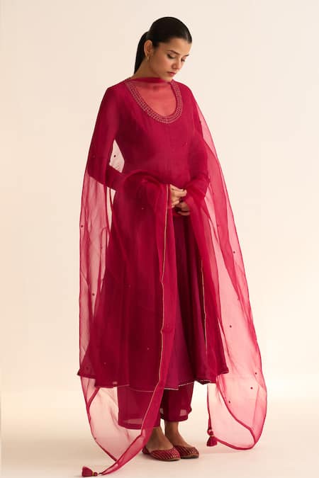 Dot Vara Embroidered Neck Anarkali Pant Set 