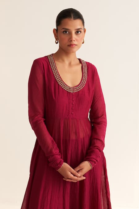 Dot_Red Chanderi , Organza, Cotton, Embroidery Vara Anarkali Pant Set _Online_at_Aza_Fashions