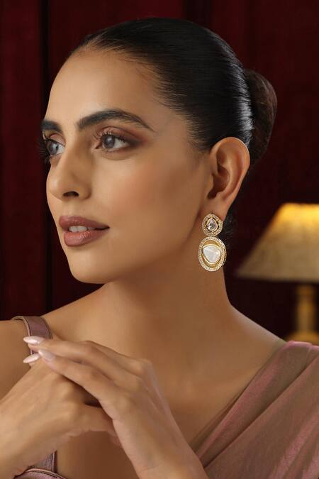 Shop Swabhimann Gold Plated Crystals, Diamonds Clear Polki Drop Earrings Online at Aza Fashions Shop_Swabhimann_Gold Plated Crystals, Diamonds Clear Polki Drop Earrings_Online_at_Aza_Fashions