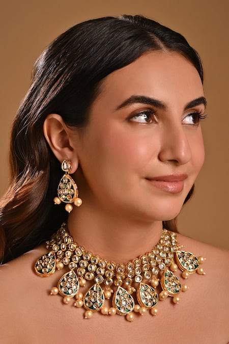 Raga Baubles Gold Plated Kundan Meenakari Drop Pattern Choker Set 