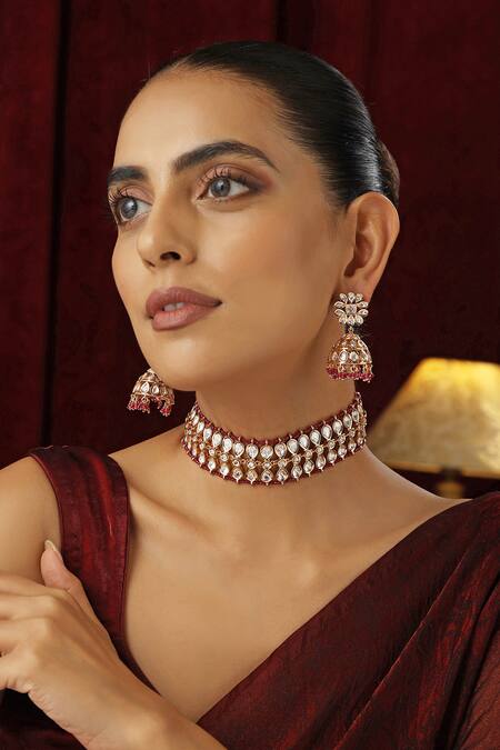 Swabhimann_Red Stones, Beads Vine Polki Studded Choker Set_at_Aza_Fashions