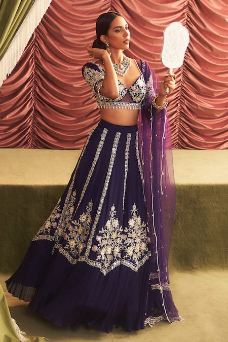 Seema Thukral Purple Georgette Embroidery Mirror Sweetheart Rani Floral Stripe Lehenga Set 