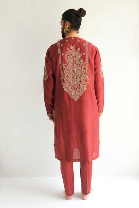 Shop_Wabi Sabi By Anshum-Ritesh_Red Chanderi Embroidery, Tassels Paisley Kurta With Pant _at_Aza_Fashions