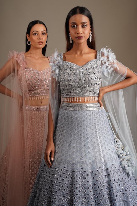Shop_Chaashni By Maansi And Ketan_Blue Net Sequins, Cut Work, Mirrors Asymmetric Embroidered Lehenga And Blouse Set _Online_at_Aza_Fashions