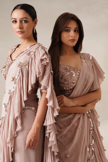 Shop_Chaashni By Maansi And Ketan_Beige Georgette Sequins, Cut Work, Pearls Sweetheart Draped Lehenga And Blouse Set _Online_at_Aza_Fashions