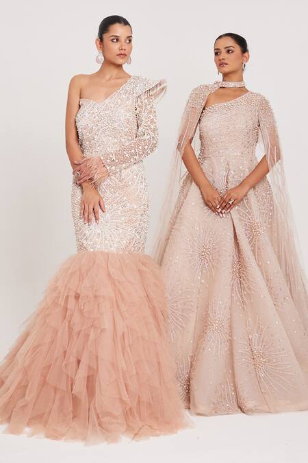 Buy Chaashni By Maansi And Ketan Beige Net, Fur, Lace, Gingham Pearls, Sequins, Cut Work Embellished Fishcut Gown Buy_Chaashni By Maansi And Ketan_Beige Net, Fur, Lace, Gingham Pearls, Sequins, Cut Work Embellished Fishcut Gown