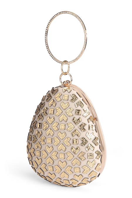 Shop_Richa Gupta_Gold Embroidery Geometric Cutwork Clutch_Online_at_Aza_Fashions