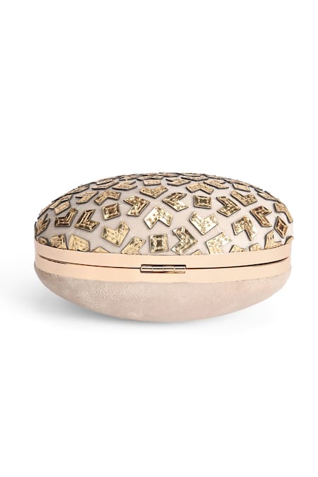 Richa Gupta_Gold Embroidery Geometric Cutwork Clutch_at_Aza_Fashions