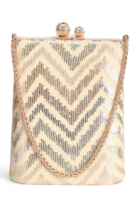 Richa Gupta_Gold Sequins Chevron Embroidered Clutch_Online_at_Aza_Fashions