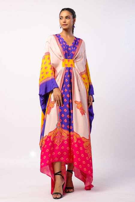 Buy_Swati Vijaivargie_Multi Color Silk Printed Abstract Floral V-neck Veda Kaftan _Online_at_Aza_Fashions