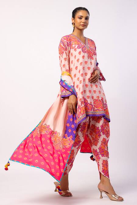 Buy_Swati Vijaivargie_Ivory Silk Beads, Zari V-neck Svara Mandala Print Tunic Dhoti Pant Set _Online_at_Aza_Fashions