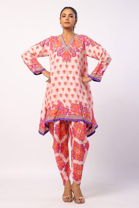 Shop_Swati Vijaivargie_Ivory Silk Beads, Zari V-neck Svara Mandala Print Tunic Dhoti Pant Set _Online_at_Aza_Fashions