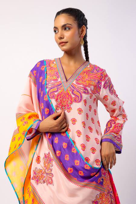 Swati Vijaivargie_Ivory Silk Beads, Zari V-neck Svara Mandala Print Tunic Dhoti Pant Set _at_Aza_Fashions