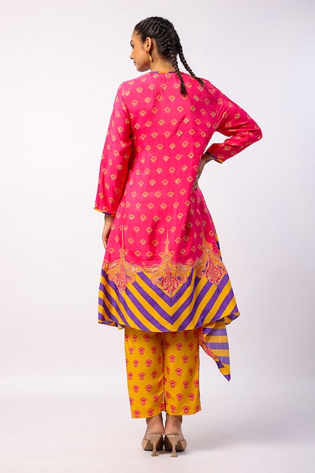 Shop_Swati Vijaivargie_Fuchsia Silk Beads Round Neck Nalini Asymmetric Kurta With Pant _at_Aza_Fashions