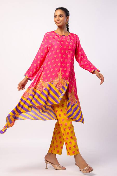 Swati Vijaivargie_Fuchsia Silk Beads Round Neck Nalini Asymmetric Kurta With Pant _Online_at_Aza_Fashions