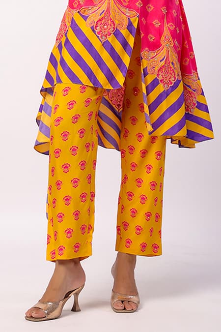 Buy Swati Vijaivargie Fuchsia Silk Beads Round Neck Nalini Asymmetric Kurta With Pant Online at Aza Fashions Buy_Swati Vijaivargie_Fuchsia Silk Beads Round Neck Nalini Asymmetric Kurta With Pant _Online_at_Aza_Fashions