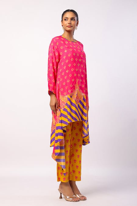 Shop_Swati Vijaivargie_Fuchsia Silk Beads Round Neck Nalini Asymmetric Kurta With Pant _Online_at_Aza_Fashions