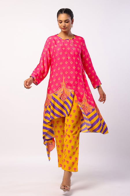 Swati Vijaivargie_Fuchsia Silk Beads Round Neck Nalini Asymmetric Kurta With Pant _at_Aza_Fashions