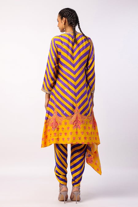 Shop_Swati Vijaivargie_Purple Silk, Satin Beads Round Nalini Asymmetric Stripe Print Kurta With Pant _at_Aza_Fashions
