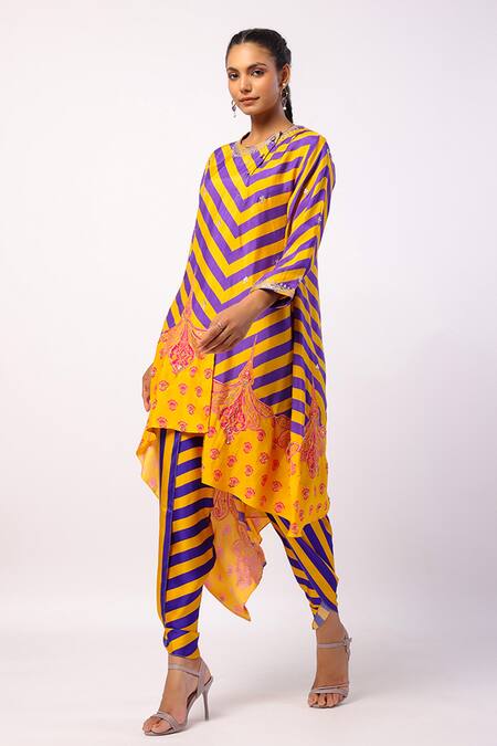 Swati Vijaivargie_Purple Silk, Satin Beads Round Nalini Asymmetric Stripe Print Kurta With Pant _Online_at_Aza_Fashions