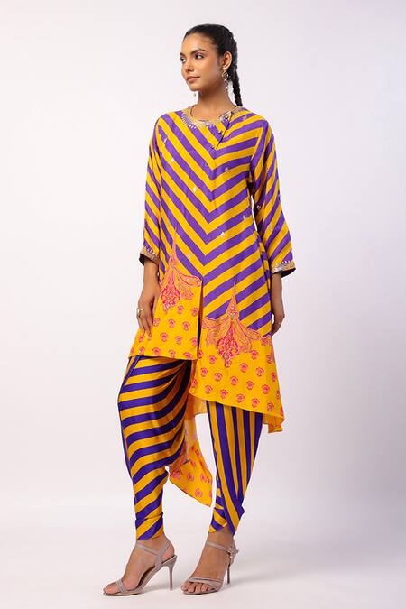 Buy_Swati Vijaivargie_Purple Silk, Satin Beads Round Nalini Asymmetric Stripe Print Kurta With Pant _Online_at_Aza_Fashions