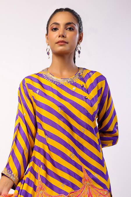 Swati Vijaivargie_Purple Silk, Satin Beads Round Nalini Asymmetric Stripe Print Kurta With Pant _at_Aza_Fashions