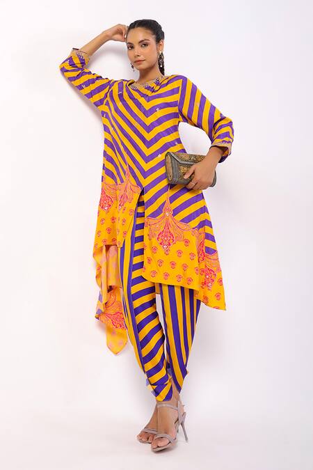 Buy_Swati Vijaivargie_Purple Silk, Satin Beads Round Nalini Asymmetric Stripe Print Kurta With Pant 