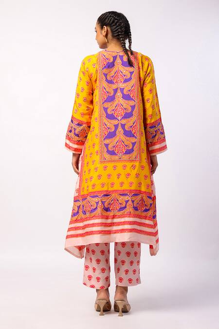 Shop_Swati Vijaivargie_Ivory Silk Beads, Embroidery Split Rena Mandala Print Asymmetric Kurta Set _at_Aza_Fashions