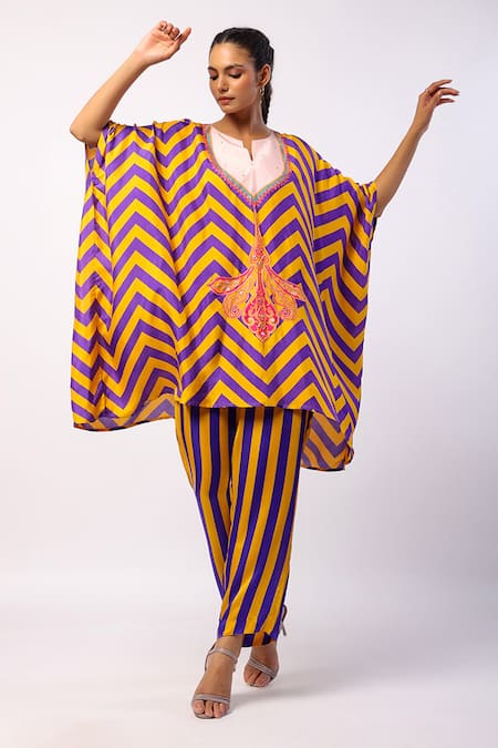 Swati Vijaivargie_Purple Kaftan Silk Printed Mandala Notched Pansy Stripe With Pant _Online_at_Aza_Fashions