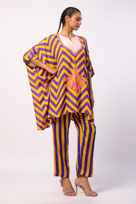 Shop_Swati Vijaivargie_Purple Kaftan Silk Printed Mandala Notched Pansy Stripe With Pant _Online_at_Aza_Fashions