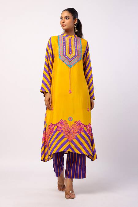 Swati Vijaivargie_Yellow Silk Beads, Embroidery Bandeau Moli Stripe Mandala Print Kurta Pant Set _Online_at_Aza_Fashions