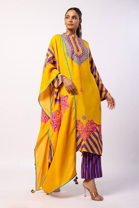 Buy_Swati Vijaivargie_Yellow Silk Beads, Embroidery Bandeau Moli Stripe Mandala Print Kurta Pant Set _Online_at_Aza_Fashions