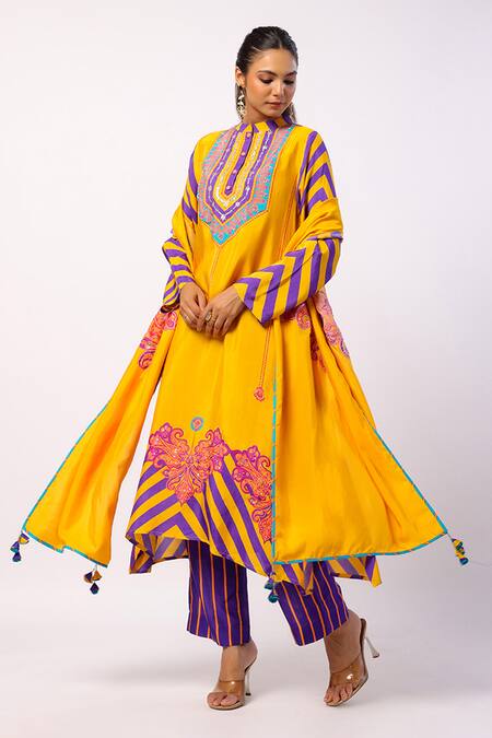 Swati Vijaivargie_Yellow Silk Beads, Embroidery Bandeau Moli Stripe Mandala Print Kurta Pant Set _at_Aza_Fashions