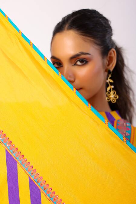 Shop_Swati Vijaivargie_Yellow Silk Beads, Embroidery Bandeau Moli Stripe Mandala Print Kurta Pant Set 