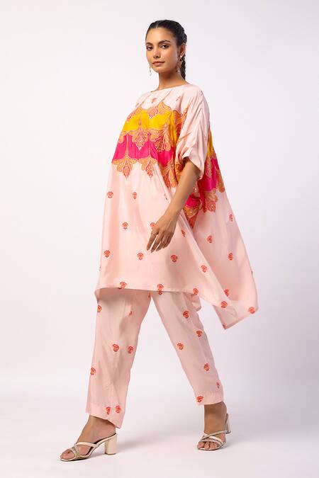 Buy_Swati Vijaivargie_Ivory Silk Printed Flower Boat Nerja Short Kaftan With Pant _Online_at_Aza_Fashions