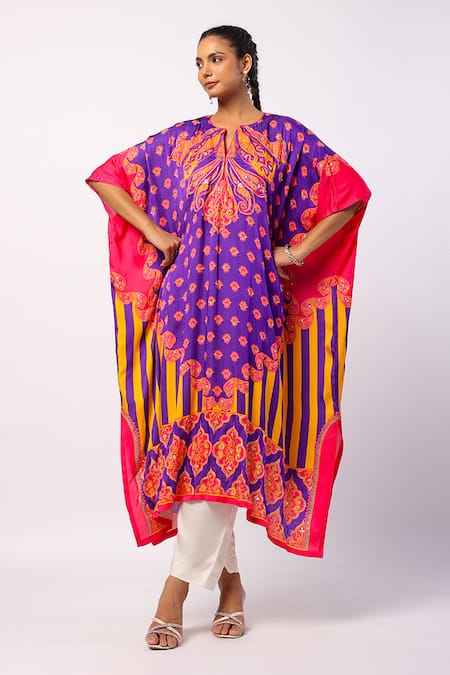 Swati Vijaivargie Purple Satin Printed Floral Notched Kavya Kaftan With Pant 