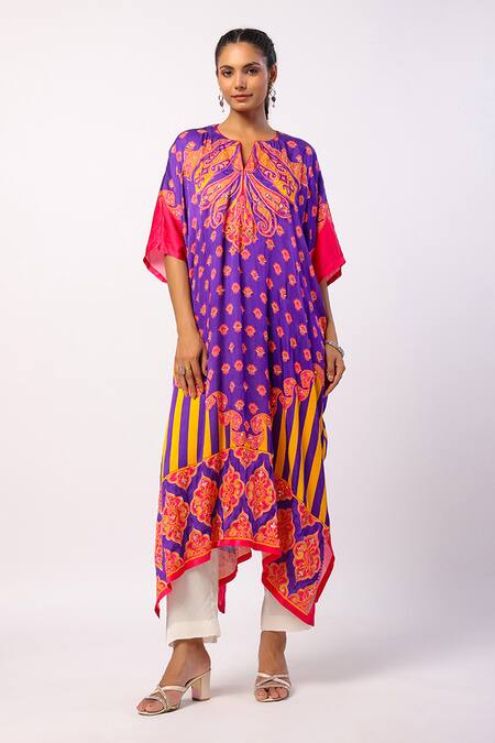 Swati Vijaivargie_Purple Satin Printed Floral Notched Kavya Kaftan With Pant _Online_at_Aza_Fashions