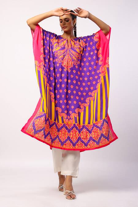 Shop_Swati Vijaivargie_Purple Satin Printed Floral Notched Kavya Kaftan With Pant _Online_at_Aza_Fashions