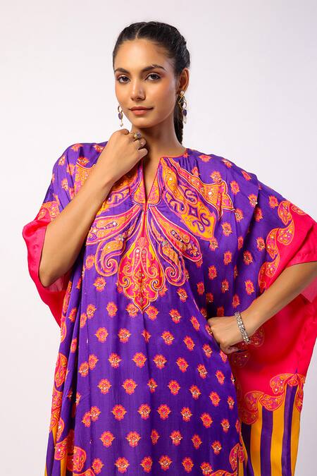 Swati Vijaivargie_Purple Satin Printed Floral Notched Kavya Kaftan With Pant _at_Aza_Fashions