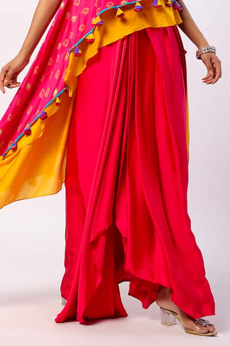 Shop_Swati Vijaivargie_Fuchsia Kaftan Tunic Silk Printed Flower One Rumi Layered With Draped Skirt _Online_at_Aza_Fashions