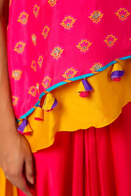 Buy_Swati Vijaivargie_Fuchsia Kaftan Tunic Silk Printed Flower One Rumi Layered With Draped Skirt 