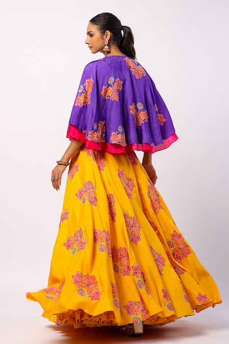 Shop_Swati Vijaivargie_Purple Silk, Leatherette Beads, Embroidery Veena Flower Print Lehenga Cape Set _at_Aza_Fashions
