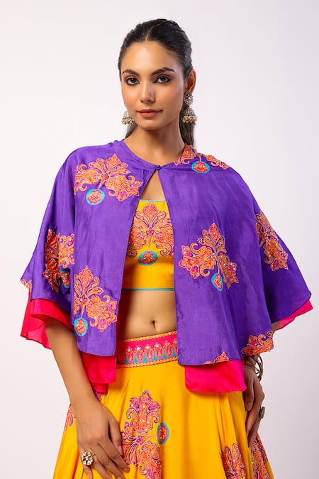 Shop_Swati Vijaivargie_Purple Silk, Leatherette Beads, Embroidery Veena Flower Print Lehenga Cape Set _Online_at_Aza_Fashions