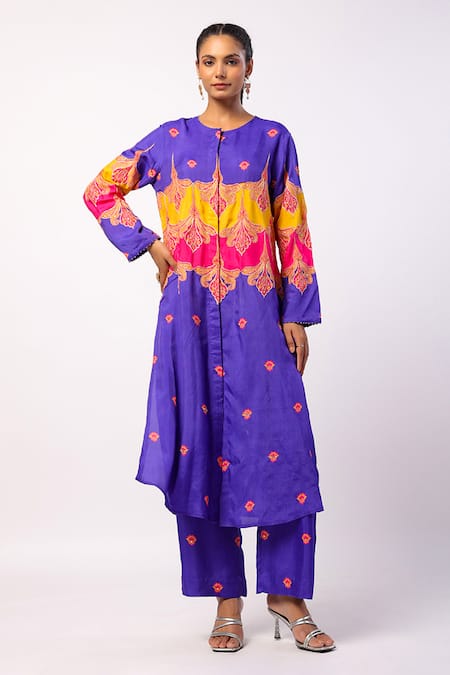 Swati Vijaivargie Purple Silk Printed Flower Round Kevda Kurta With Pant 