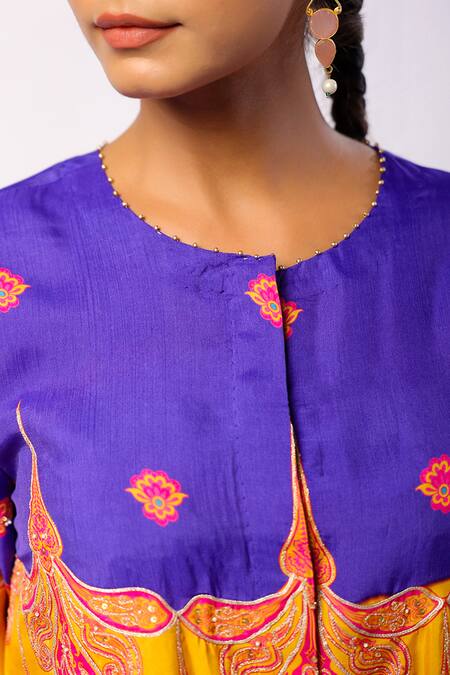 Swati Vijaivargie_Purple Silk Pearls, Beads, Fabric Flowers Round Kevda Print Kurta With Pant _at_Aza_Fashions