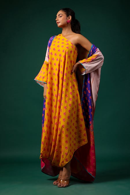 Buy_Swati Vijaivargie_Purple Silk Printed Flower Dress One Shoulder Neelam With Cape _Online_at_Aza_Fashions