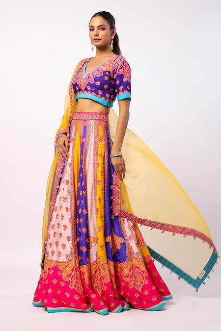 Buy_Swati Vijaivargie_Multi Color Silk, Organza Beads, Sequins V-neck Vaani Floral Print Lehenga Set _Online_at_Aza_Fashions