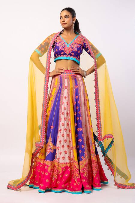 Shop_Swati Vijaivargie_Multi Color Silk, Organza Beads, Sequins V-neck Vaani Floral Print Lehenga Set _Online_at_Aza_Fashions