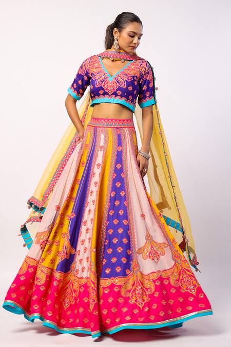 Swati Vijaivargie_Multi Color Silk, Organza Beads, Sequins V-neck Vaani Floral Print Lehenga Set _at_Aza_Fashions