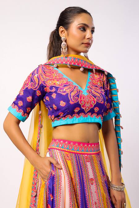 Buy_Swati Vijaivargie_Multi Color Silk, Organza Beads, Sequins V-neck Vaani Floral Print Lehenga Set 